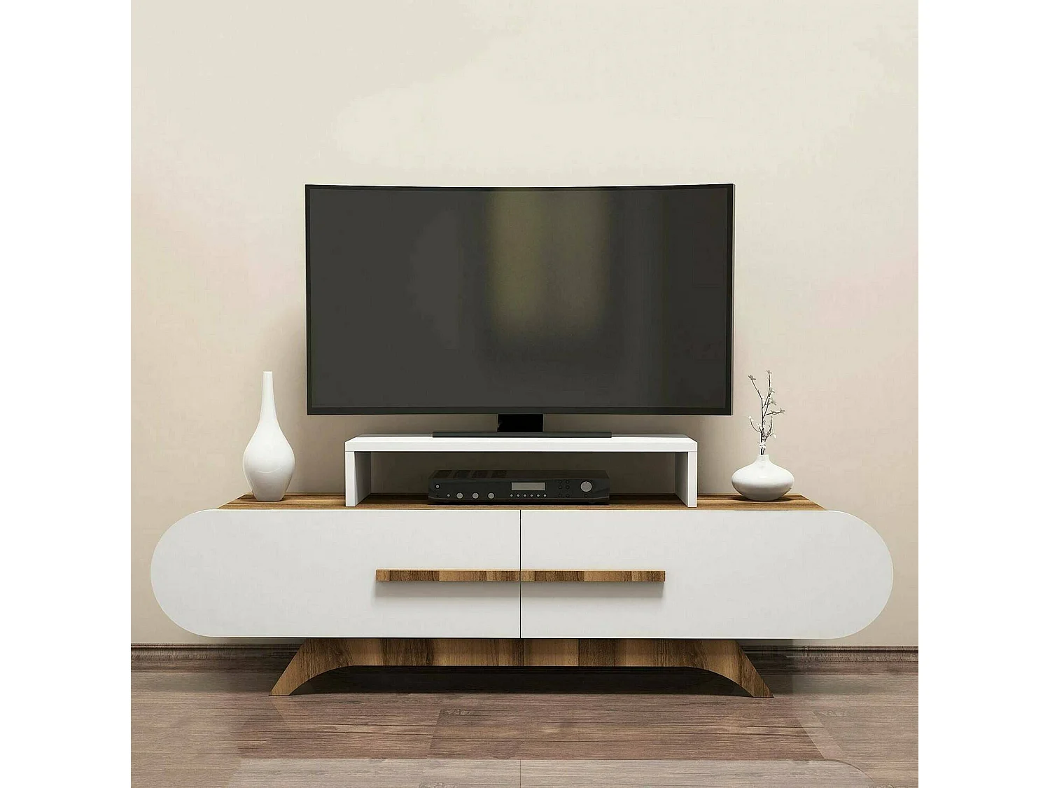 Meuble TV Dubh, Buffet de salon, Armoire basse pour TV, Base murale de rangement, 145x37h50 cm, Noyer et Blanc