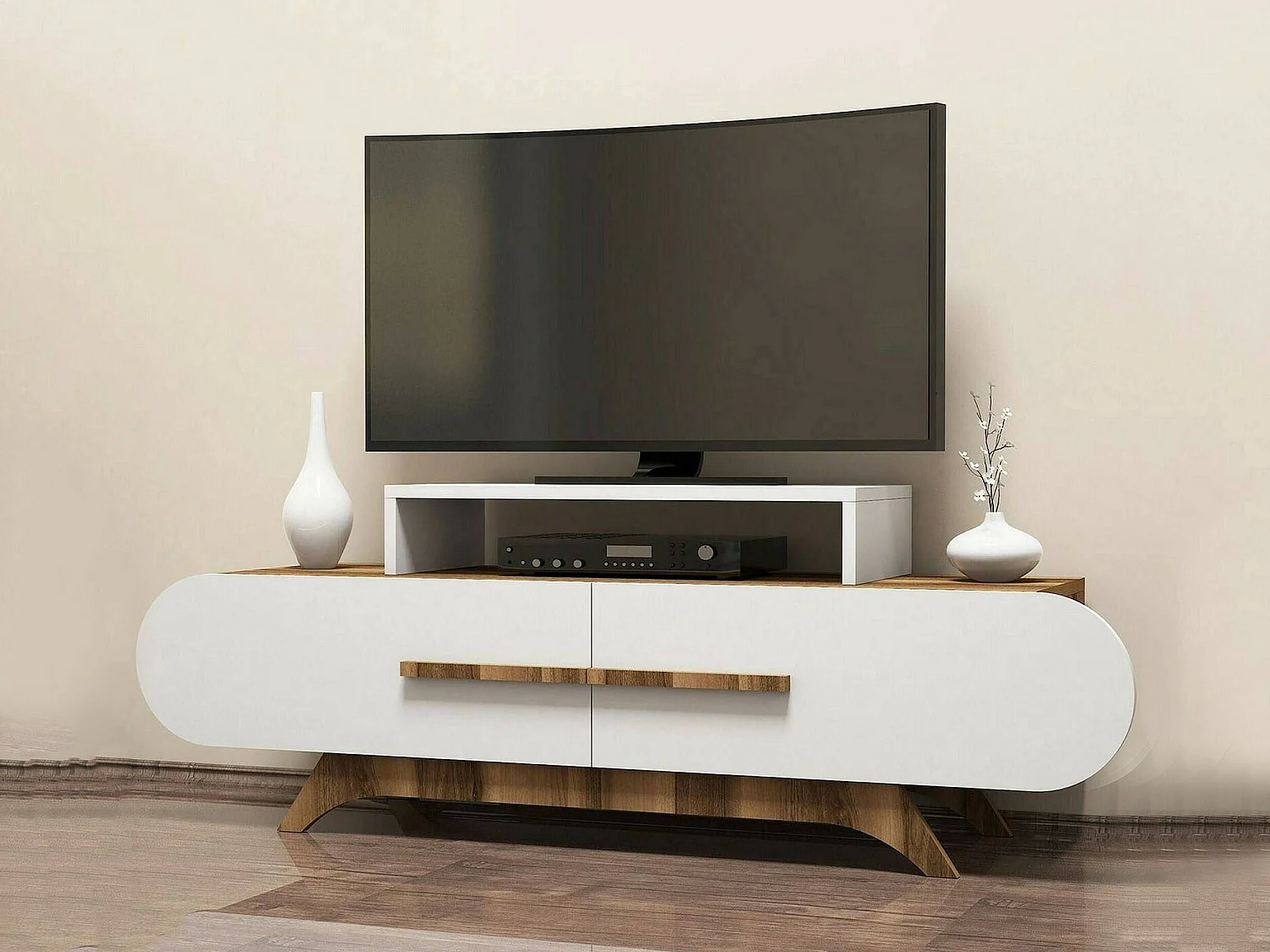 Meuble TV Dubh, Buffet de salon, Armoire basse pour TV, Base murale de rangement, 145x37h50 cm, Noyer et Blanc