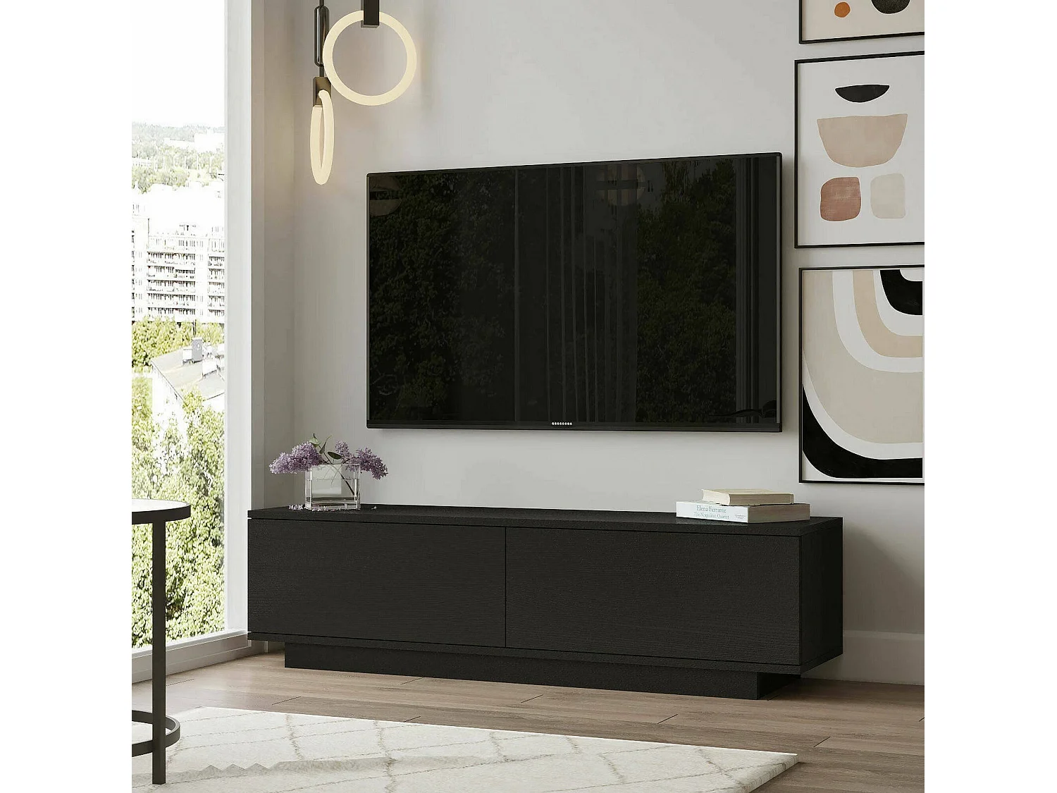 Meuble TV Zaur, Buffet de salon, Armoire basse pour TV, Base murale de rangement, 140x36h38 cm, Noir