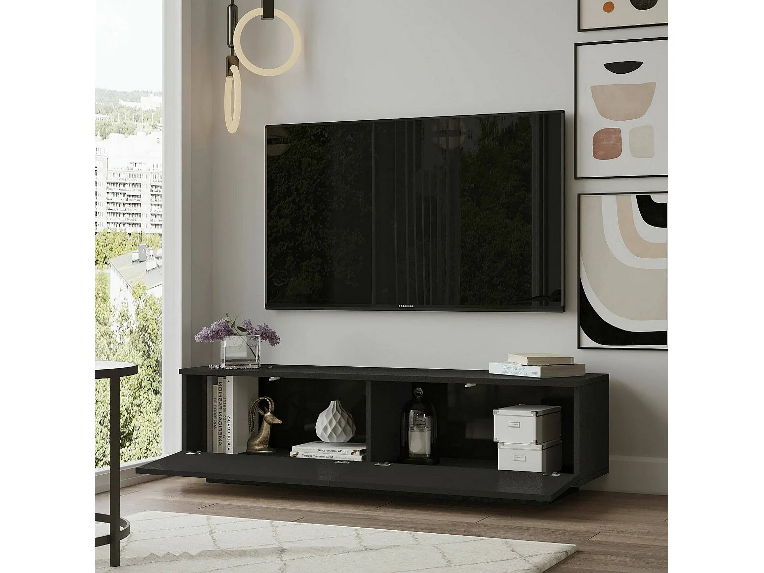 Meuble TV Zaur, Buffet de salon, Armoire basse pour TV, Base murale de rangement, 140x36h38 cm, Noir