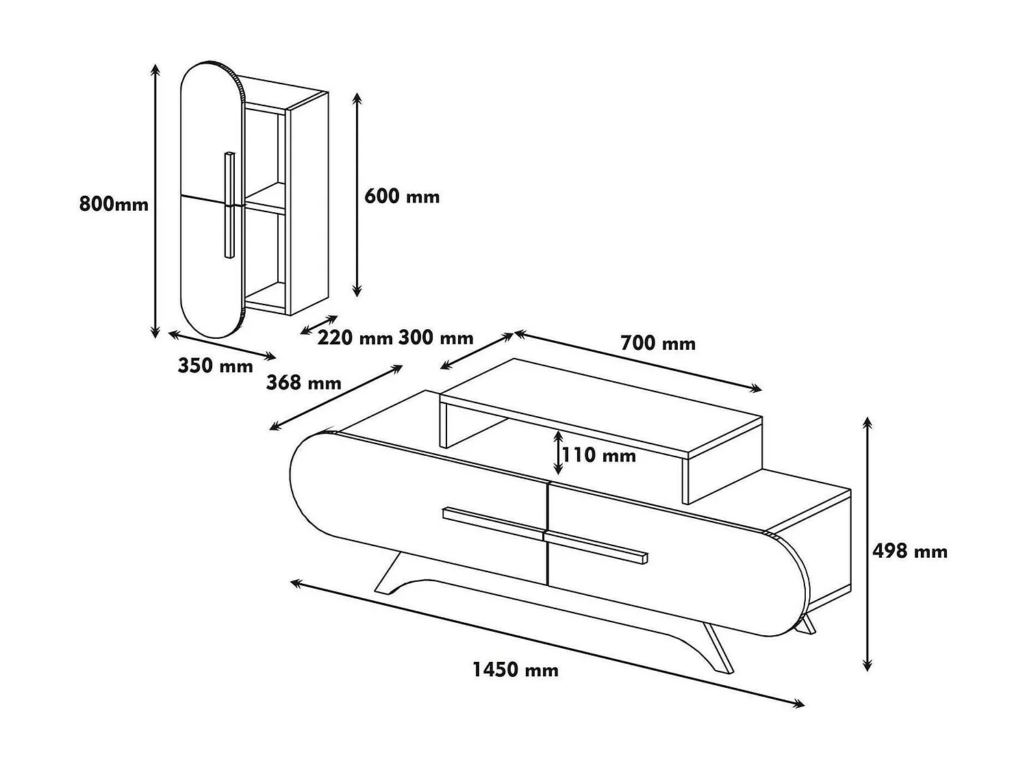 Parede equipada Dpiccol, Composição da sala de estar, Armário de sala de estar multiusos, Armário de porta de TV, 145x37h50 cm, Nogueira e Branco