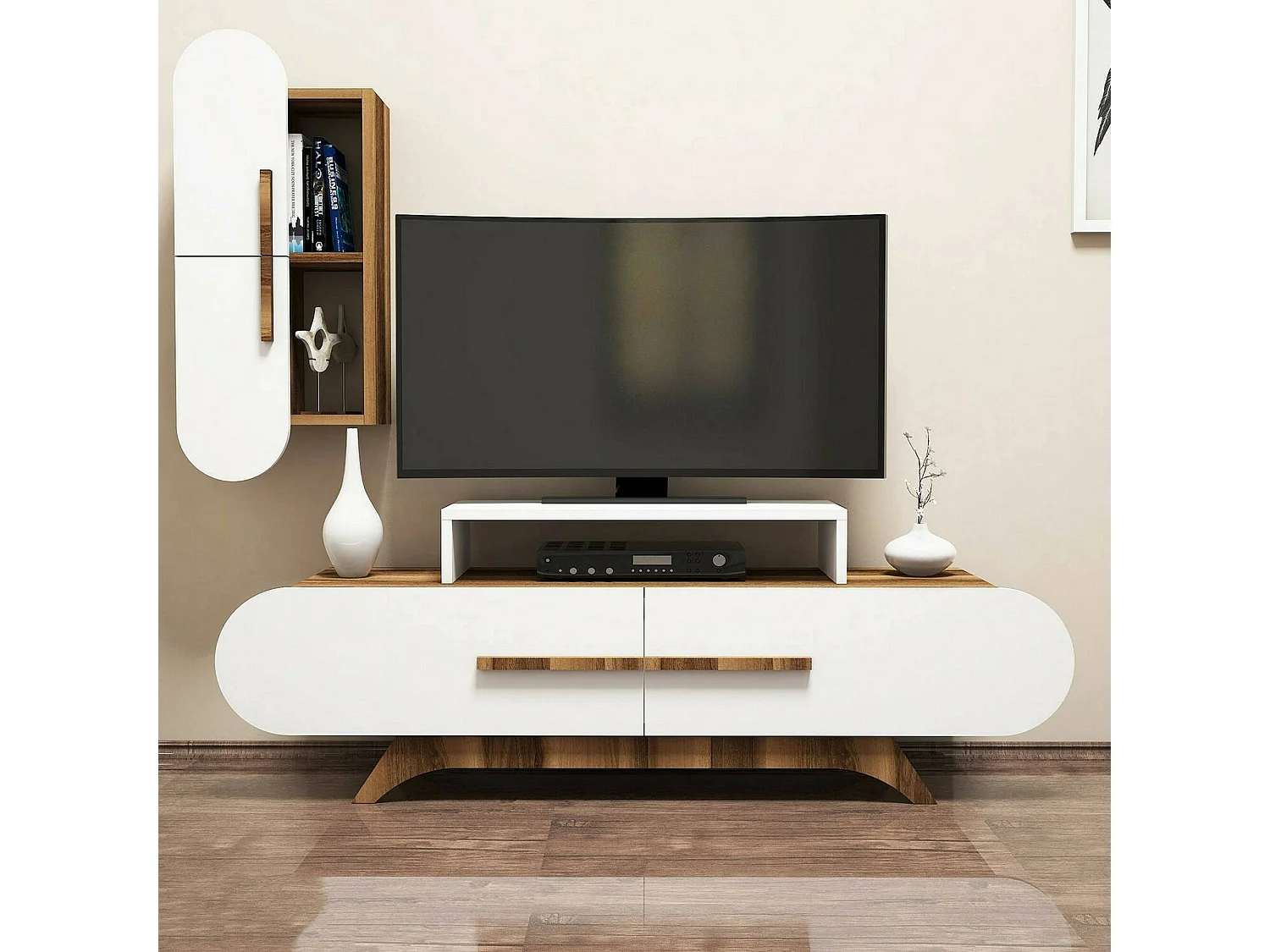 Parede equipada Dpiccol, Composição da sala de estar, Armário de sala de estar multiusos, Armário de porta de TV, 145x37h50 cm, Nogueira e Branco