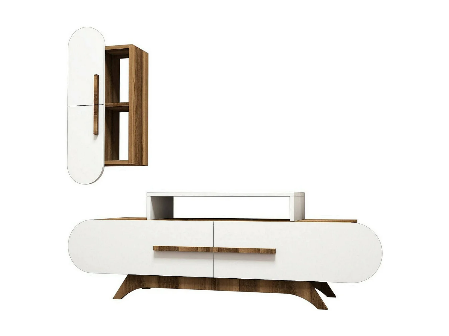 Parede equipada Dpiccol, Composição da sala de estar, Armário de sala de estar multiusos, Armário de porta de TV, 145x37h50 cm, Nogueira e Branco