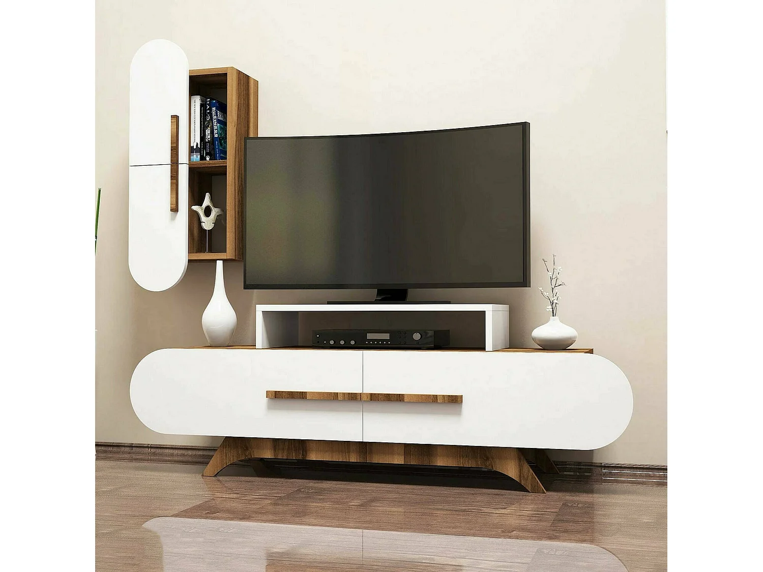 Wohnzimmermöbel Dpiccol, Modulares Wohnzimmerset, Mehrzweck-Wohnzimmermöbel, Moderner TV-Schrank, 145x37h50 cm, Walnuss und WeiÃŸ