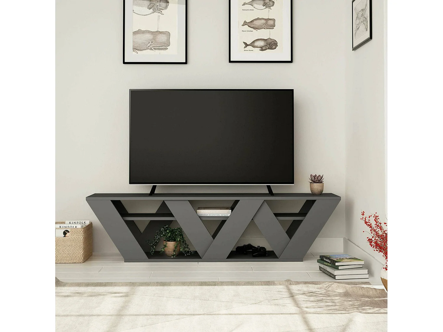 Meuble TV Alde, Buffet de salon, Armoire basse pour TV, Base murale de rangement, 158x30h40 cm, Anthracite