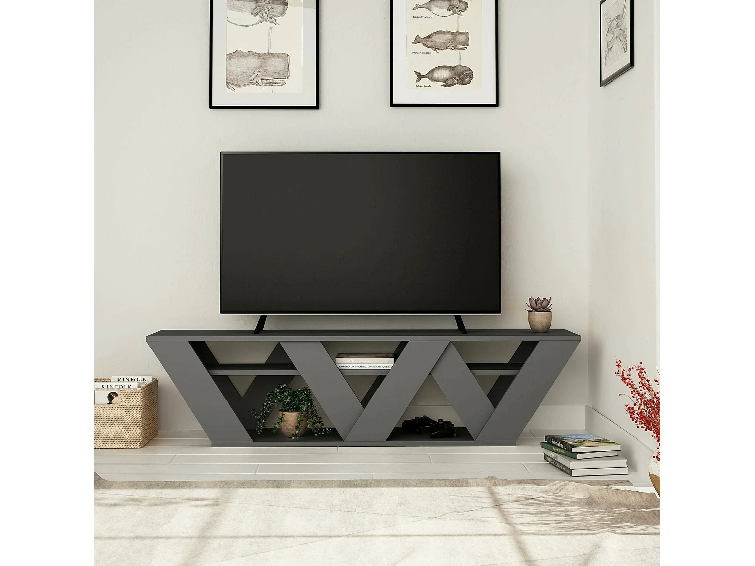 Mueble de televisión Dbara, Aparador de salón, Mueble bajo para TV, Base de pared equipada, 158x30h40 cm, Antracita