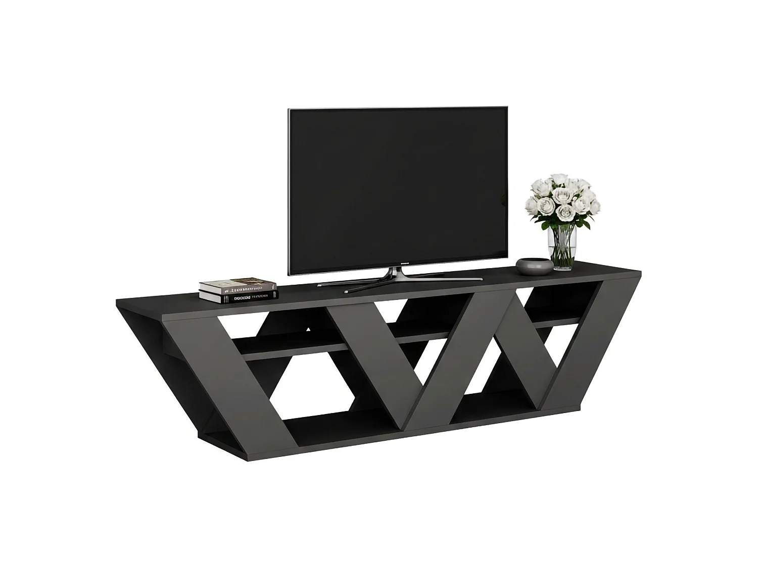 Meuble TV Alde, Buffet de salon, Armoire basse pour TV, Base murale de rangement, 158x30h40 cm, Anthracite