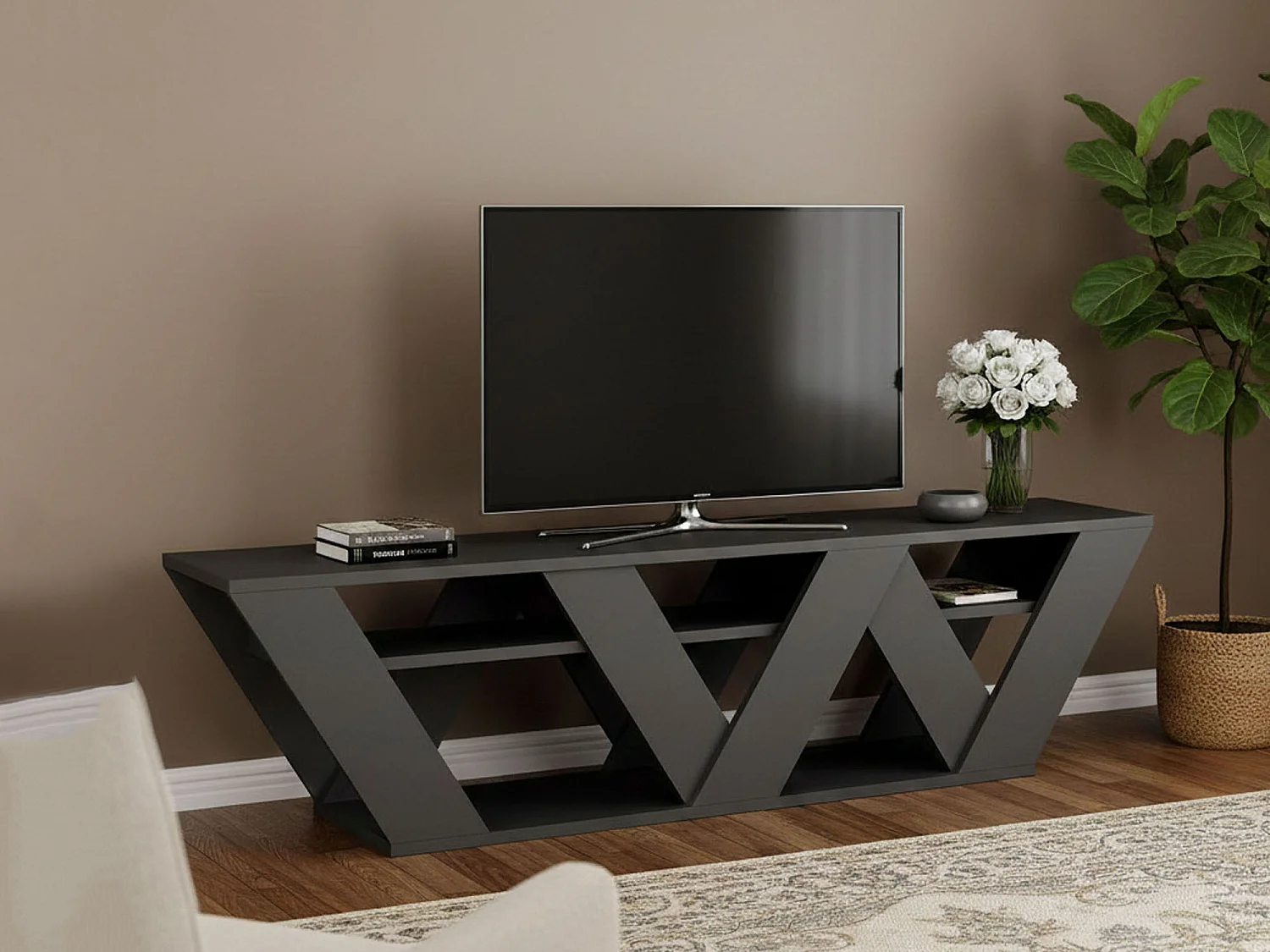 Fernsehschrank Dbara, Ständer für Wohnzimmerfernseher, Niedriges Wohnzimmer-Sideboard, TV-Ständerbasis, 158x30h40 cm, Anthrazit