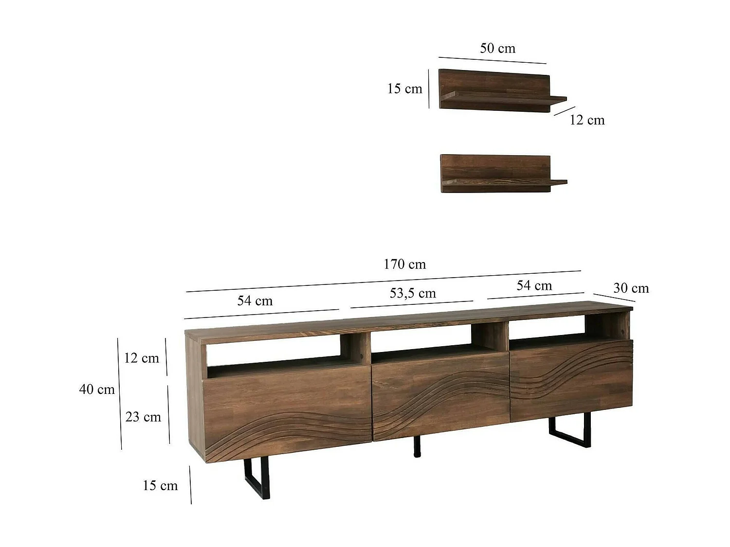 Meuble TV Solanis, Buffet de salon, Armoire basse pour TV, Base murale de rangement, 170x30h40 cm, Noyer