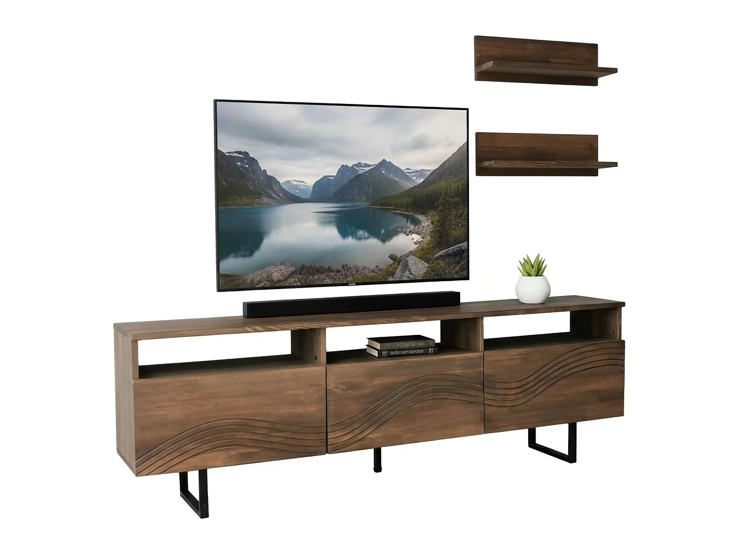 Meuble TV Solanis, Buffet de salon, Armoire basse pour TV, Base murale de rangement, 170x30h40 cm, Noyer