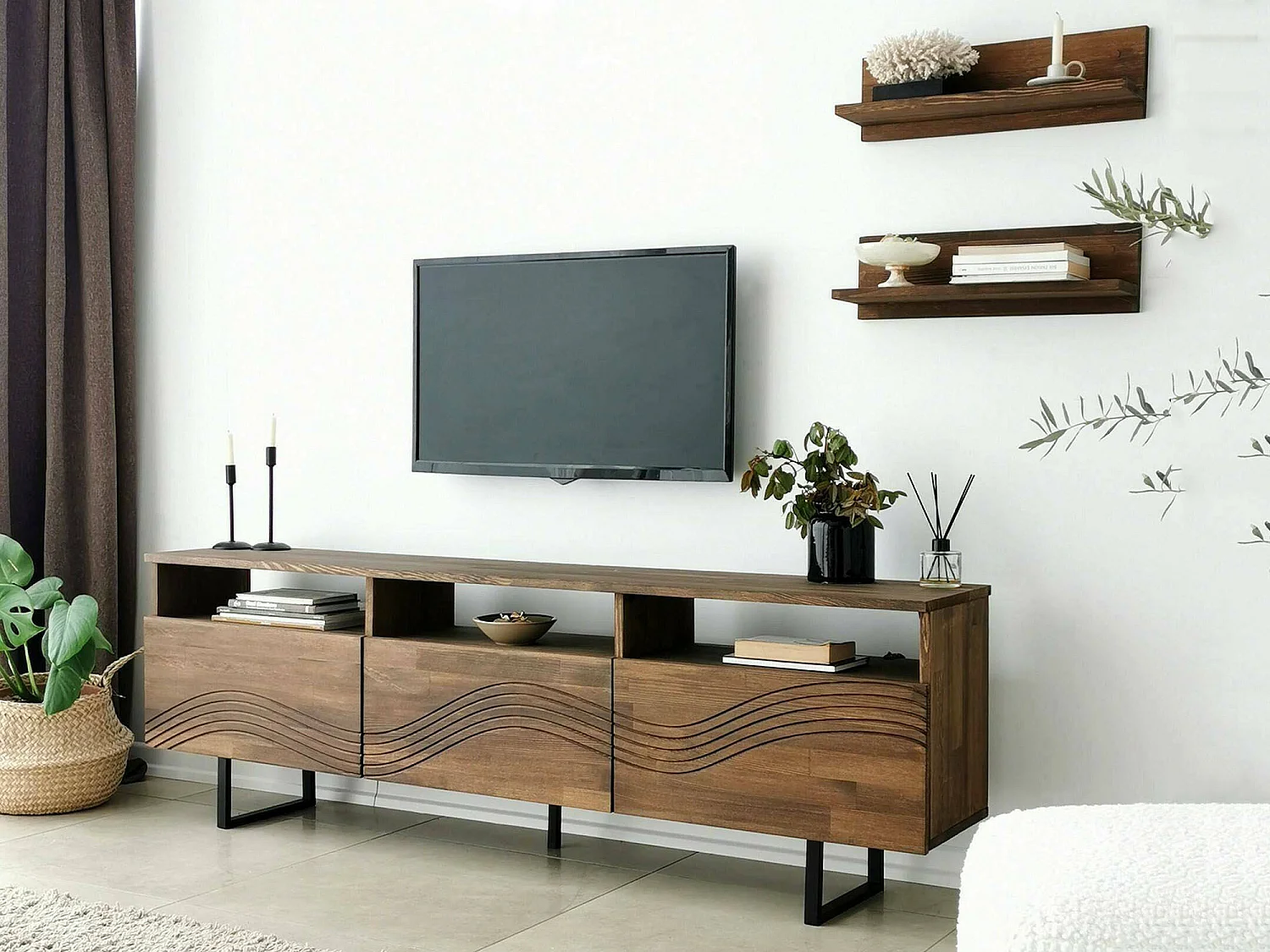 Meuble TV Solanis, Buffet de salon, Armoire basse pour TV, Base murale de rangement, 170x30h40 cm, Noyer