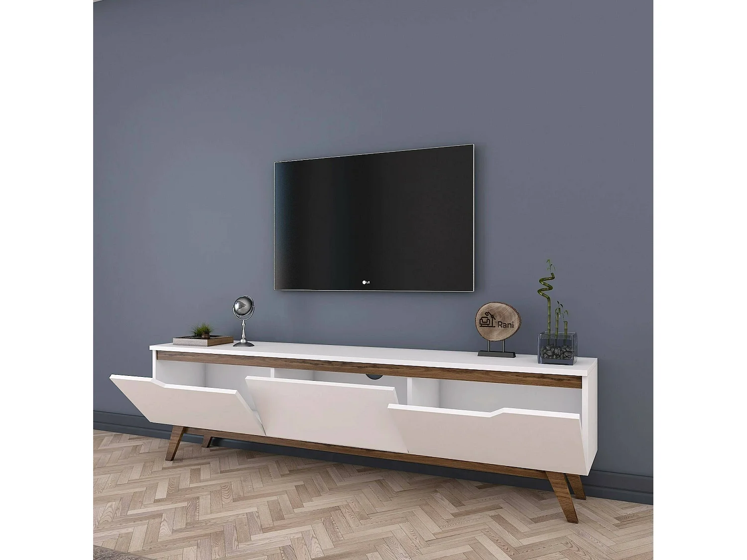 Meuble TV Cor, Buffet de salon, Armoire basse pour TV, Base murale de rangement, 180x35h49 cm, Blanc et Noyer