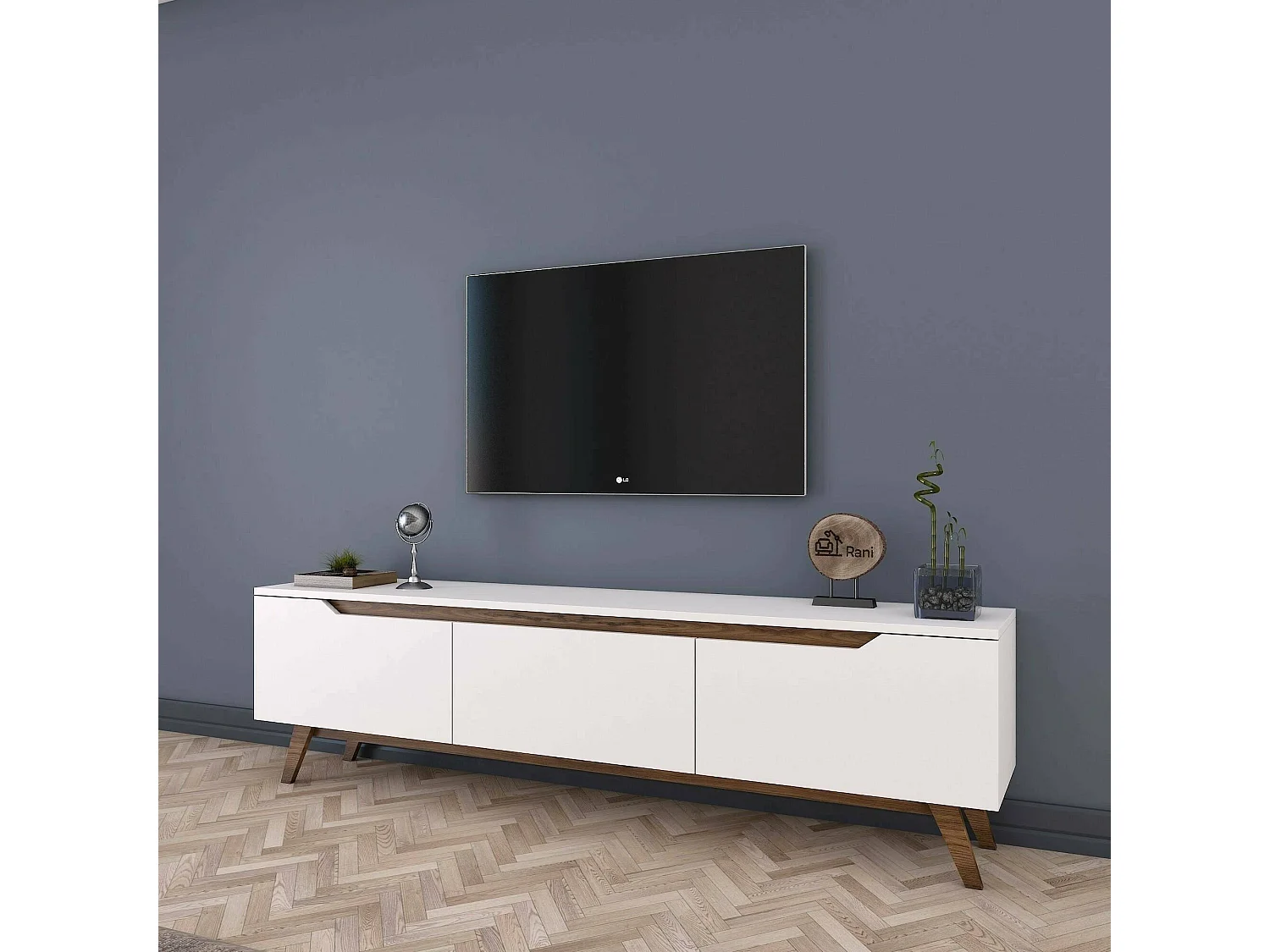 Dguidoli tv-standaard, woonkamermeubel, lage tv-meubel, wandstandaard, 180x35h49 cm, wit en walnoot