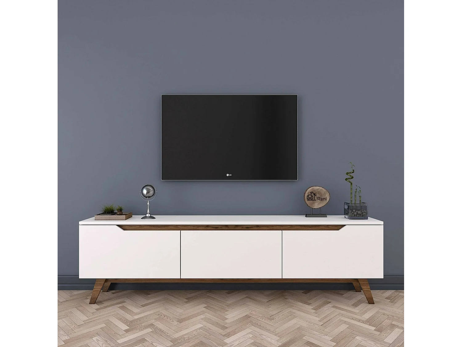 Meuble TV Cor, Buffet de salon, Armoire basse pour TV, Base murale de rangement, 180x35h49 cm, Blanc et Noyer