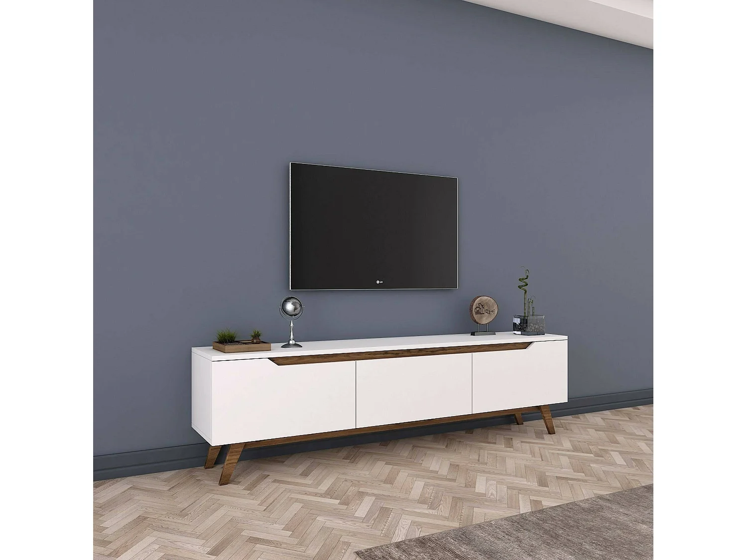 Fernsehschrank Dguidoli, Ständer für Wohnzimmerfernseher, Niedriges Wohnzimmer-Sideboard, TV-Ständerbasis, 180x35h49 cm, WeiÃŸ und Walnuss