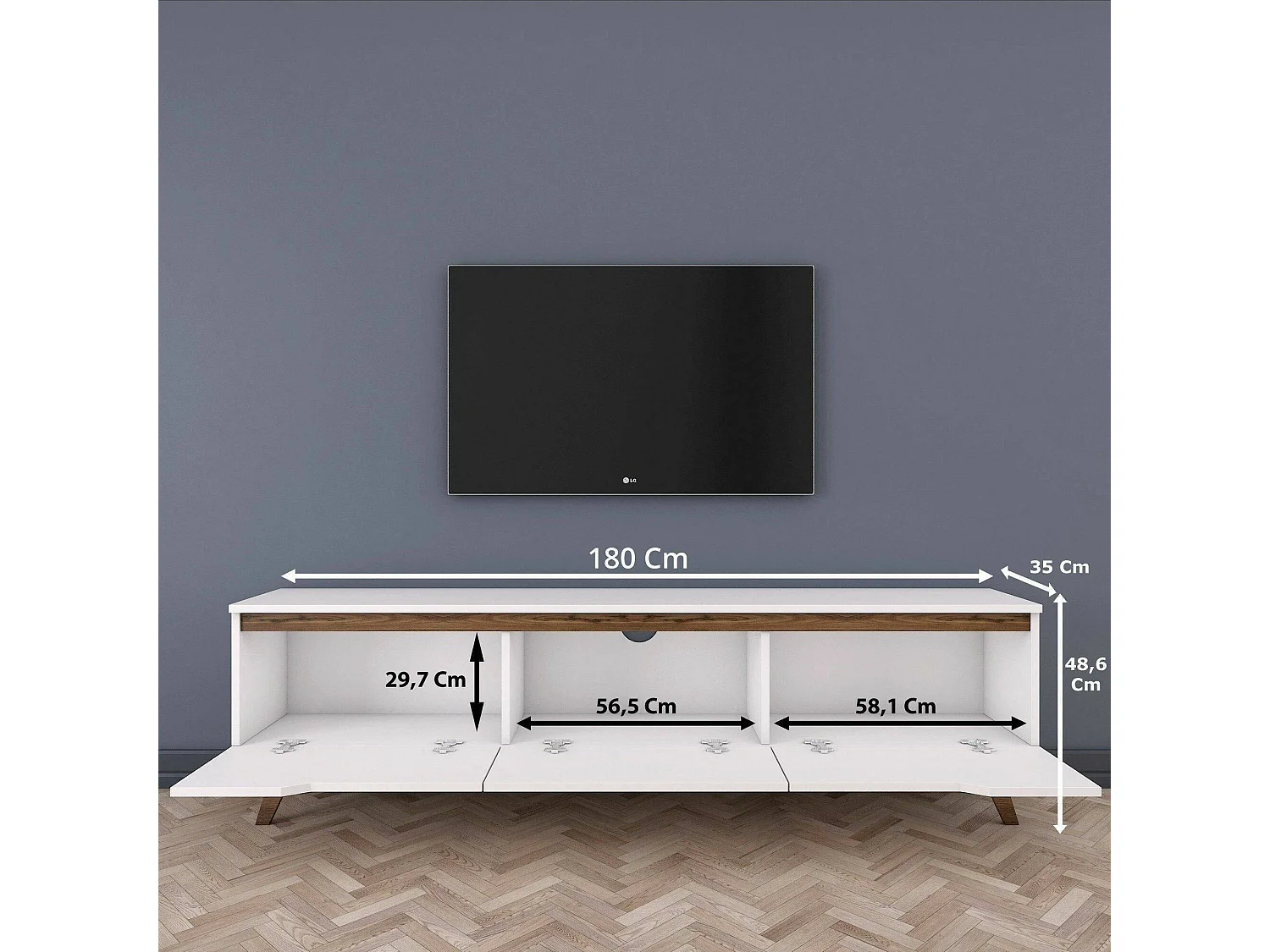 Dguidoli tv-standaard, woonkamermeubel, lage tv-meubel, wandstandaard, 180x35h49 cm, wit en walnoot