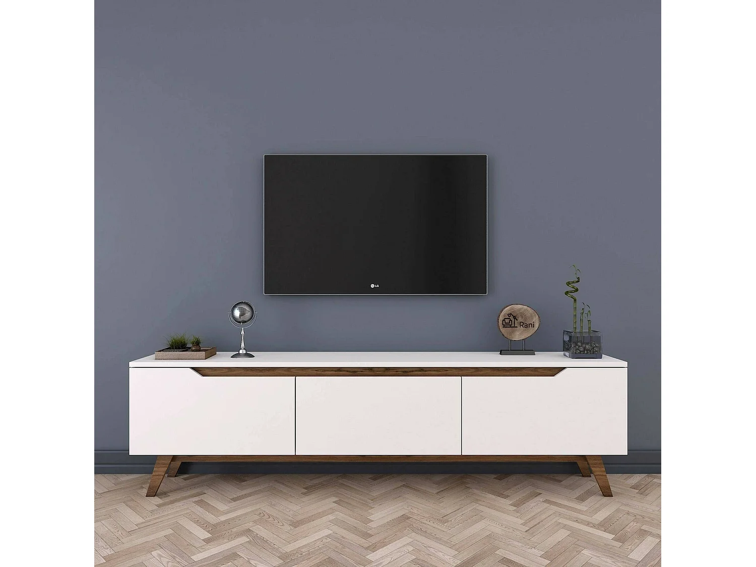 Dguidoli tv-standaard, woonkamermeubel, lage tv-meubel, wandstandaard, 180x35h49 cm, wit en walnoot