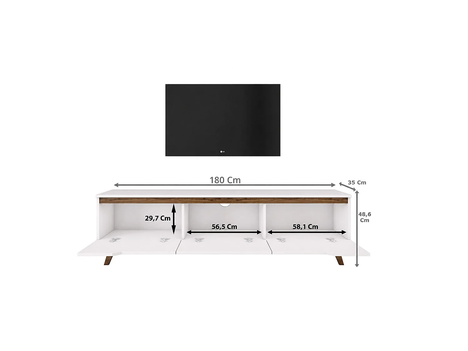 Meuble TV Cor, Buffet de salon, Armoire basse pour TV, Base murale de rangement, 180x35h49 cm, Blanc et Noyer