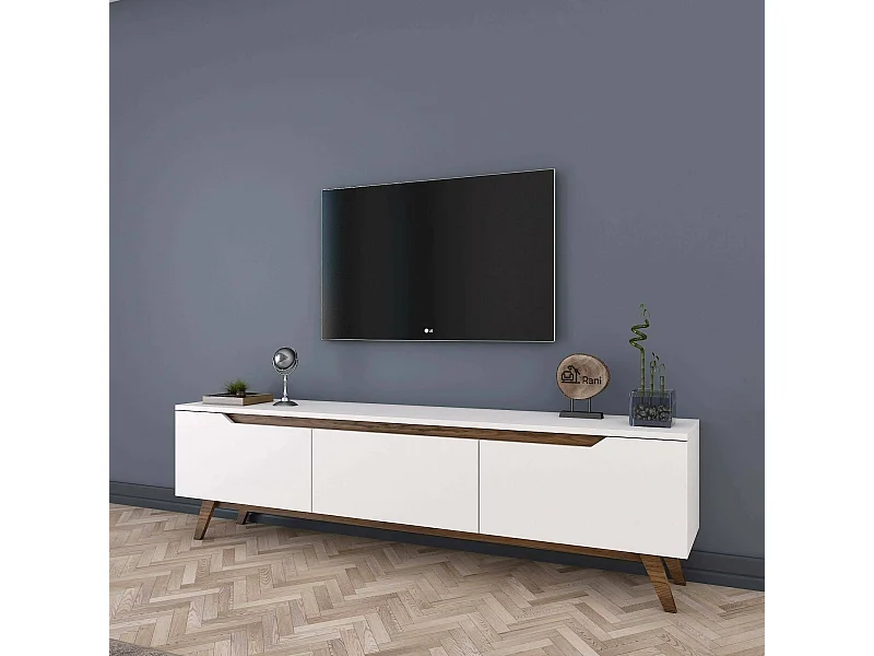 Dguidoli tv-standaard, woonkamermeubel, lage tv-meubel, wandstandaard, 180x35h49 cm, wit en walnoot