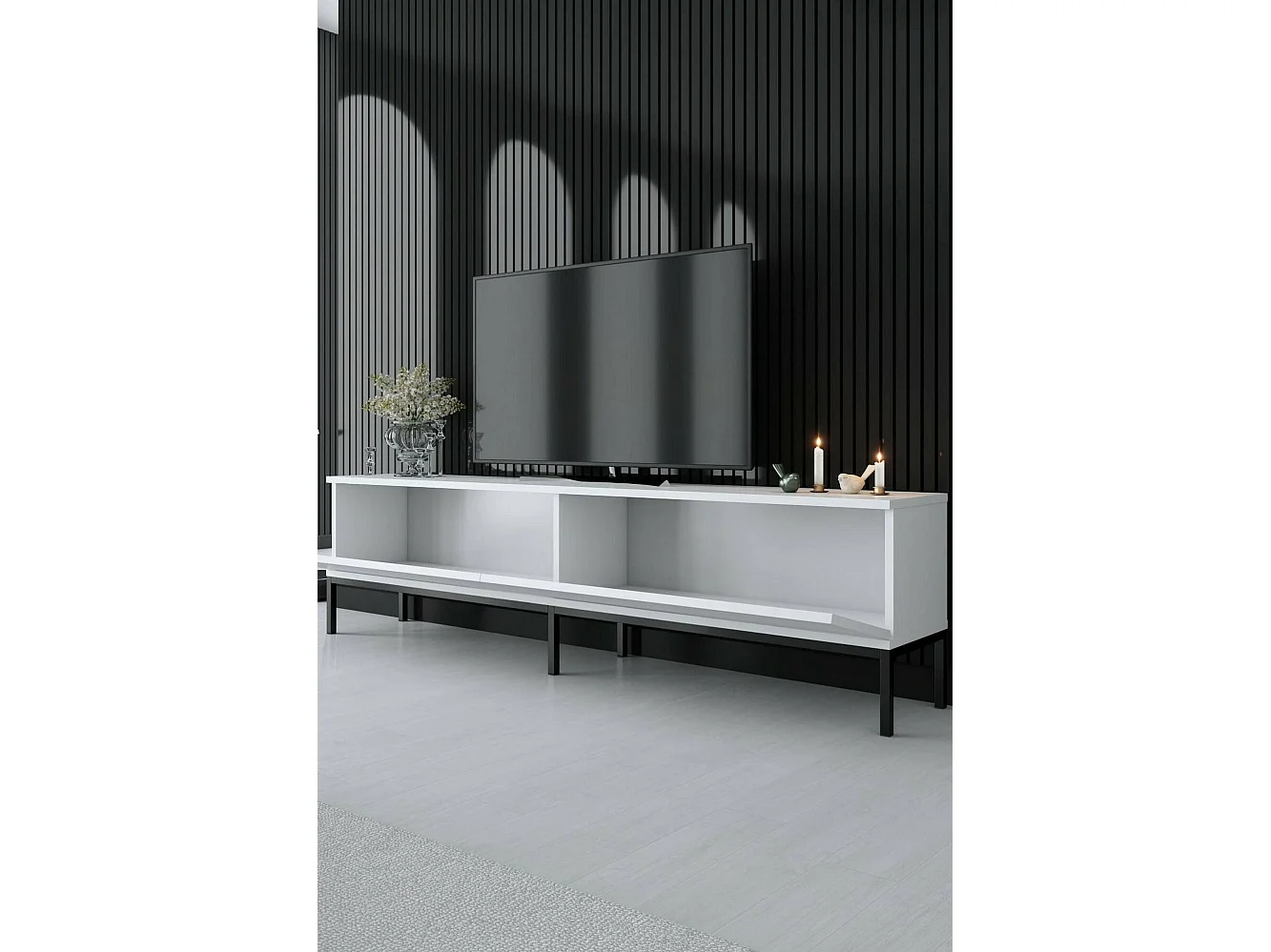Fernsehschrank Dpetrell, Ständer für Wohnzimmerfernseher, Niedriges Wohnzimmer-Sideboard, TV-Ständerbasis, 180x30h47 cm, WeiÃŸ und Schwarz