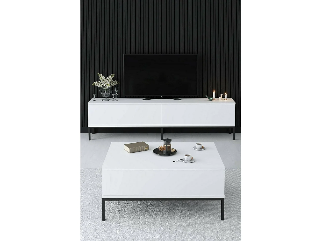 Fernsehschrank Dpetrell, Ständer für Wohnzimmerfernseher, Niedriges Wohnzimmer-Sideboard, TV-Ständerbasis, 180x30h47 cm, WeiÃŸ und Schwarz