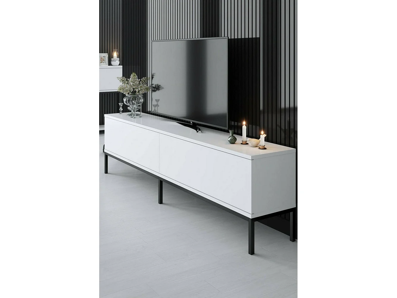 Fernsehschrank Dpetrell, Ständer für Wohnzimmerfernseher, Niedriges Wohnzimmer-Sideboard, TV-Ständerbasis, 180x30h47 cm, WeiÃŸ und Schwarz