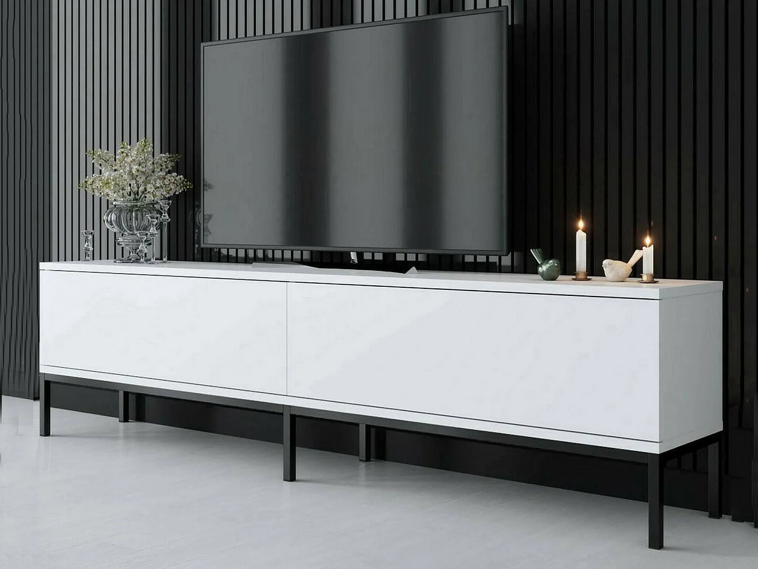 Fernsehschrank Dpetrell, Ständer für Wohnzimmerfernseher, Niedriges Wohnzimmer-Sideboard, TV-Ständerbasis, 180x30h47 cm, WeiÃŸ und Schwarz