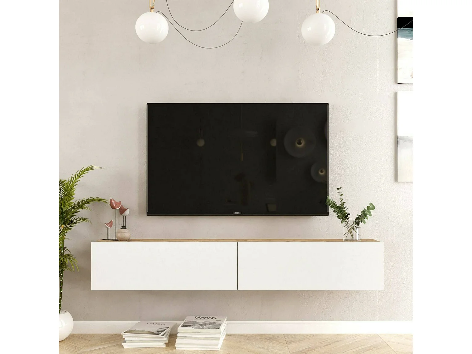 Meuble TV Thebe, Buffet de salon, Armoire basse pour TV, Base murale de rangement, 180x32h30 cm, Chêne et Blanc