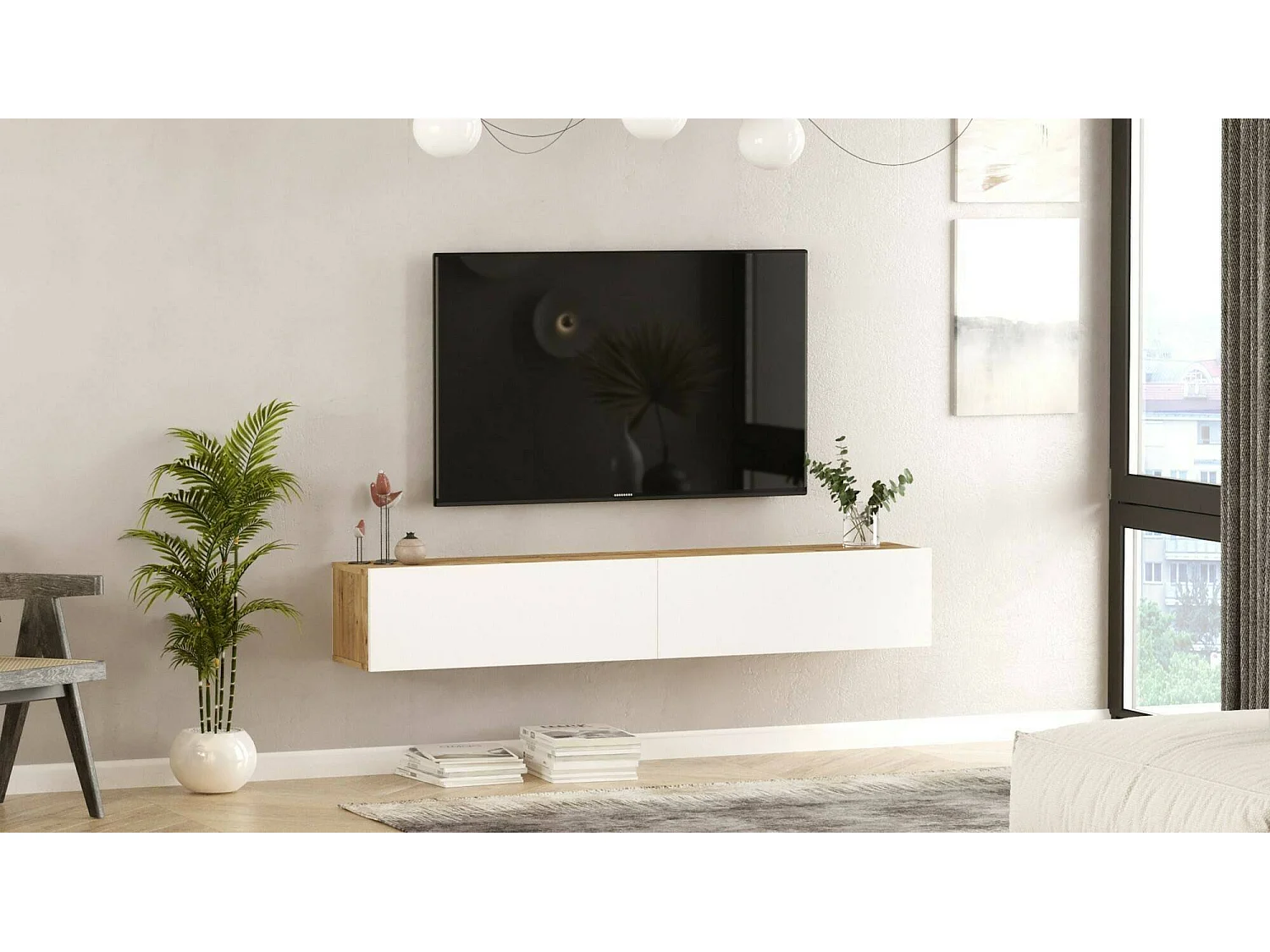 Meuble TV Thebe, Buffet de salon, Armoire basse pour TV, Base murale de rangement, 180x32h30 cm, Chêne et Blanc