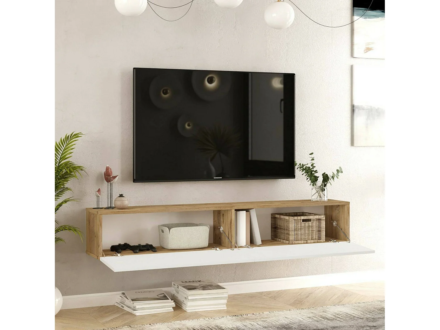 Meuble TV Thebe, Buffet de salon, Armoire basse pour TV, Base murale de rangement, 180x32h30 cm, Chêne et Blanc