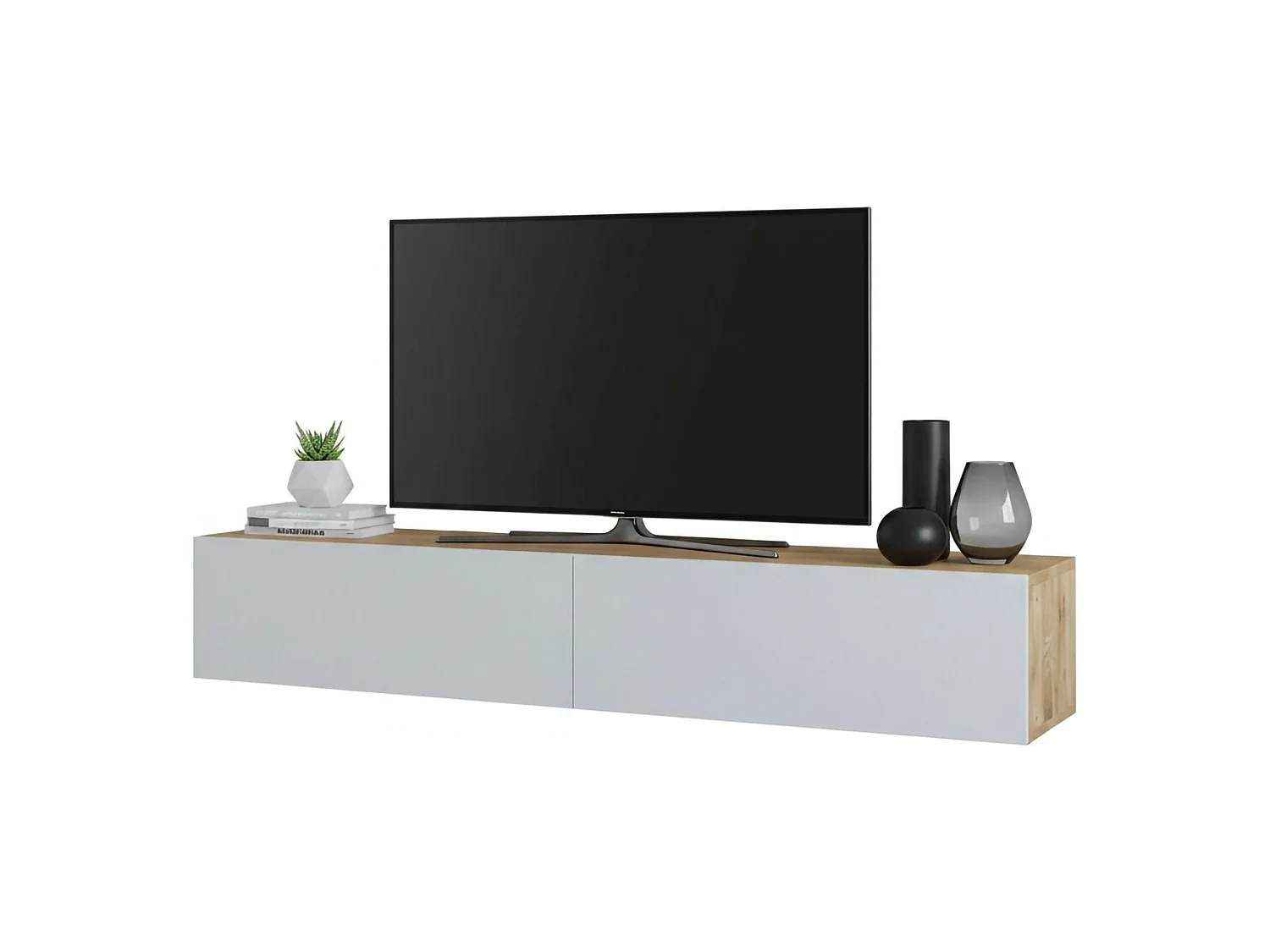 Meuble TV Thebe, Buffet de salon, Armoire basse pour TV, Base murale de rangement, 180x32h30 cm, Chêne et Blanc