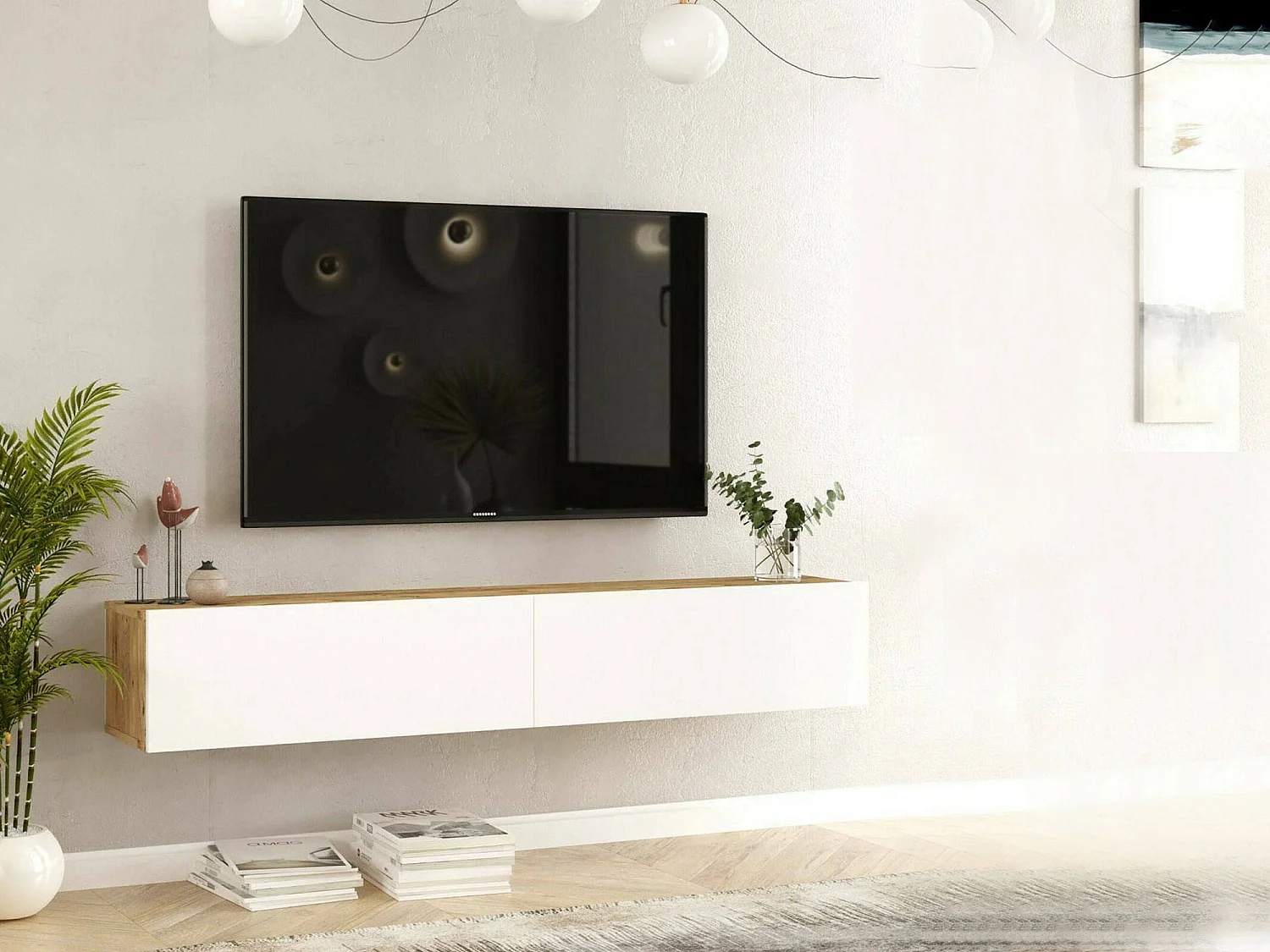 Meuble TV Thebe, Buffet de salon, Armoire basse pour TV, Base murale de rangement, 180x32h30 cm, Chêne et Blanc