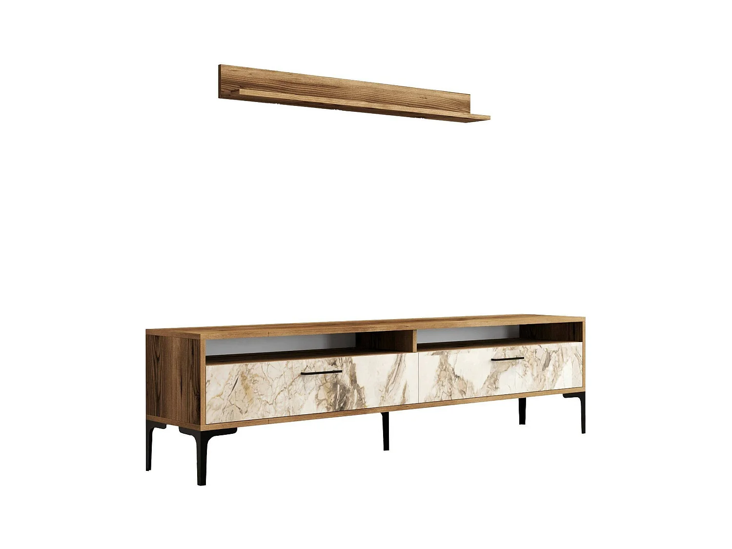 Meuble Mural Edasich, Composition du salon, Meubles de salon polyvalents, Meuble télé, 180x35h47 cm, Noyer et Marbre Blanc