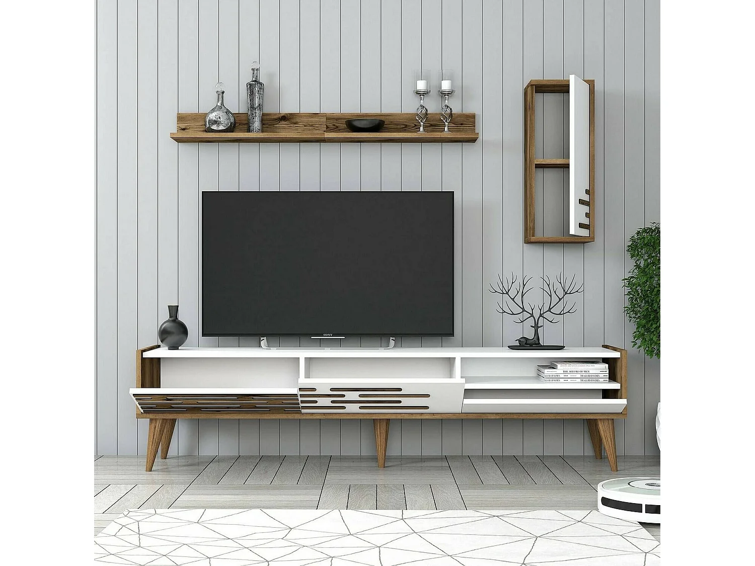 Mueble de televisión Dbrunozz, Aparador de salón, Mueble bajo para TV, Base de pared equipada, 180x45h35 cm, Blanco y Nogal