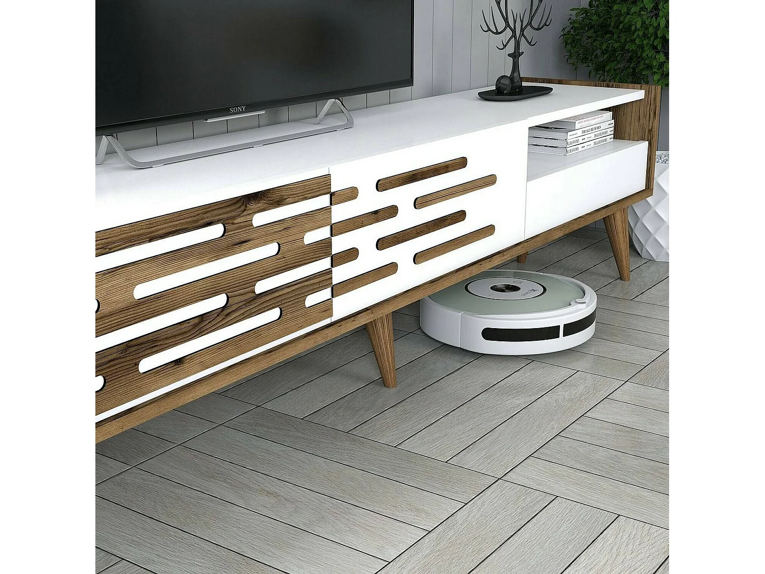 Meuble TV Alnilam, Buffet de salon, Armoire basse pour TV, Base murale de rangement, 180x45h35 cm, Blanc et Noyer