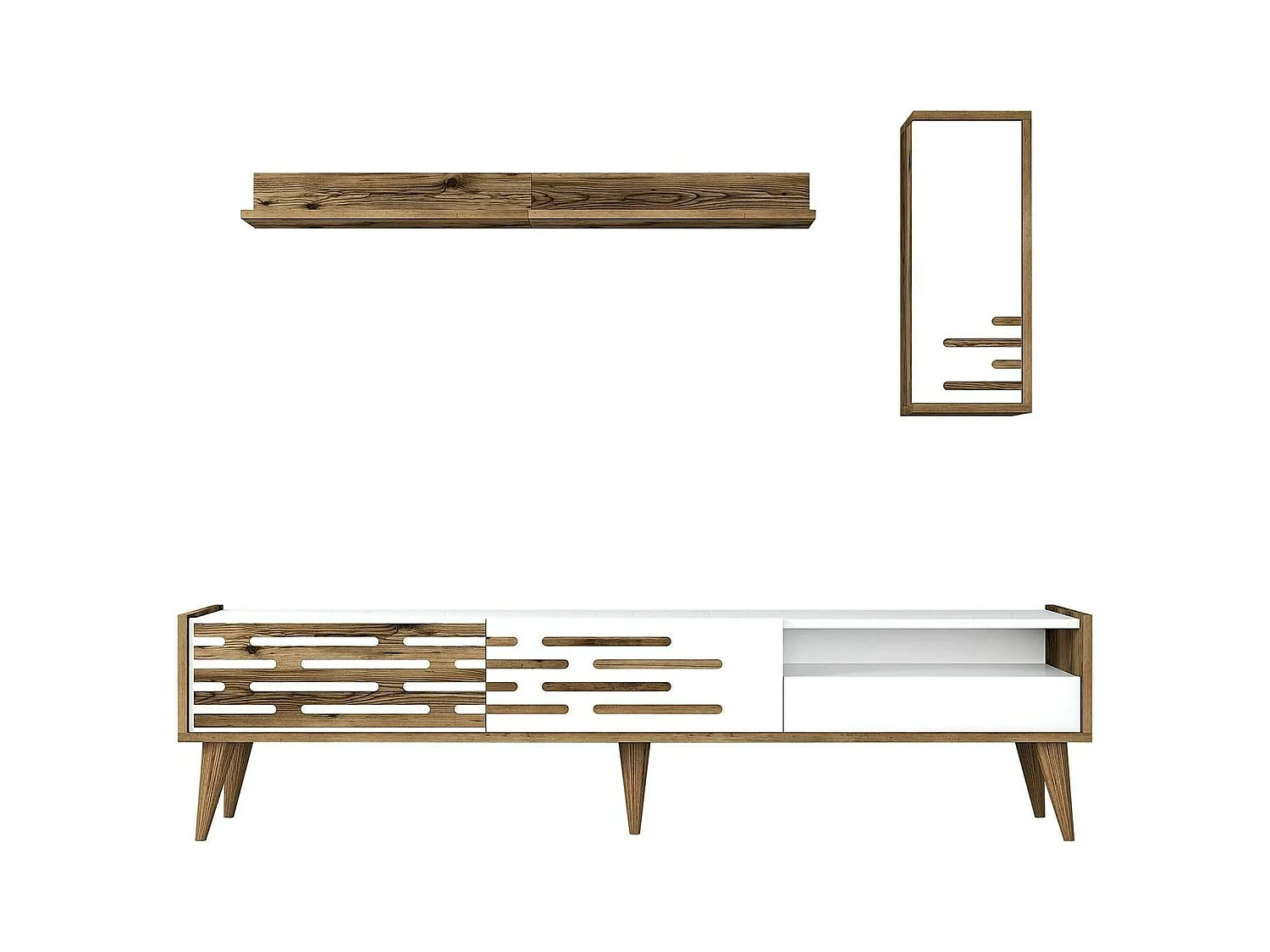 Tv-standaard Dbrunozz, CreWoonkamer, lage tv-meubel, wandvoet, 180x45h35 cm, wit en walnoot