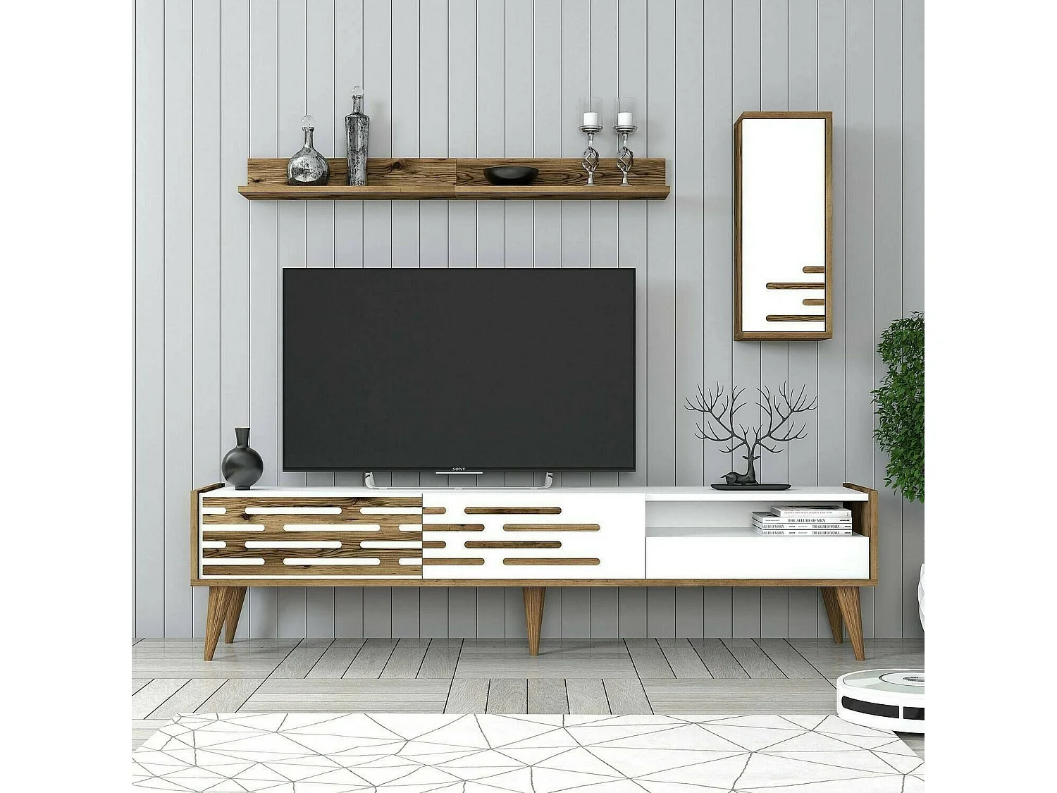Mueble de televisión Dbrunozz, Aparador de salón, Mueble bajo para TV, Base de pared equipada, 180x45h35 cm, Blanco y Nogal