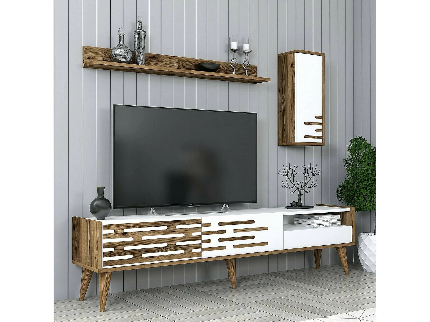 Meuble TV Alnilam, Buffet de salon, Armoire basse pour TV, Base murale de rangement, 180x45h35 cm, Blanc et Noyer