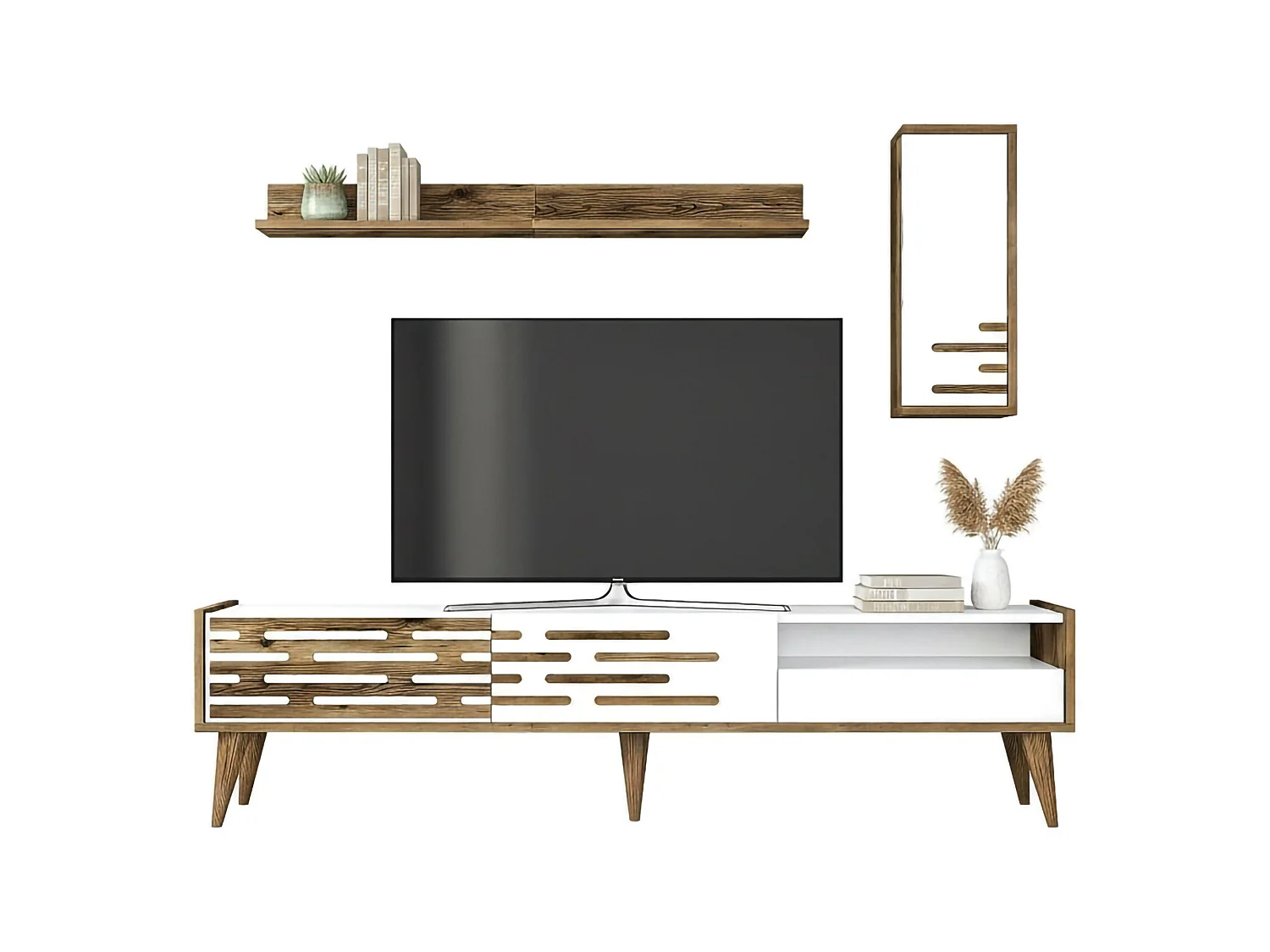 Suporte para TV Dbrunozz, CreDenza de sala, Armário baixo para TV, Base de parede equipada, 180x45h35 cm, Branco e Nogueira