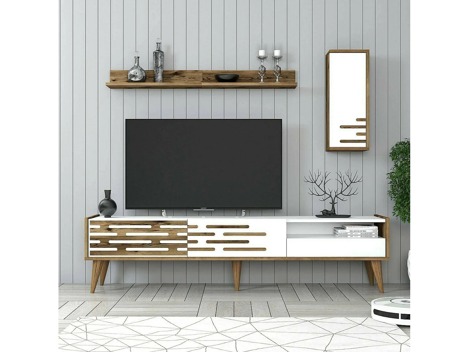 Suporte para TV Dbrunozz, CreDenza de sala, Armário baixo para TV, Base de parede equipada, 180x45h35 cm, Branco e Nogueira