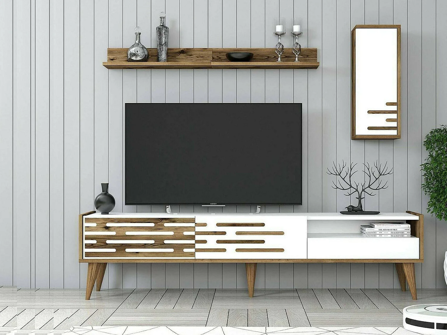 Suporte para TV Dbrunozz, CreDenza de sala, Armário baixo para TV, Base de parede equipada, 180x45h35 cm, Branco e Nogueira