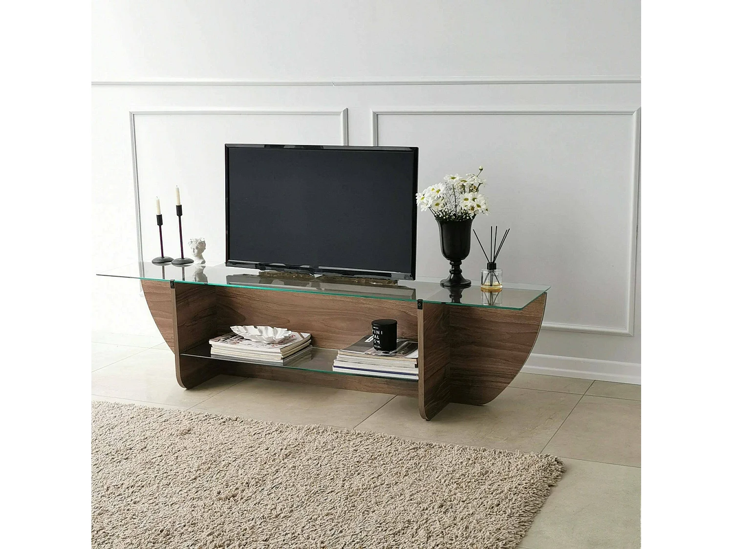 Meuble TV Heka, Buffet de salon, Armoire basse pour TV, Base murale de rangement, 158x35h40 cm, Noyer