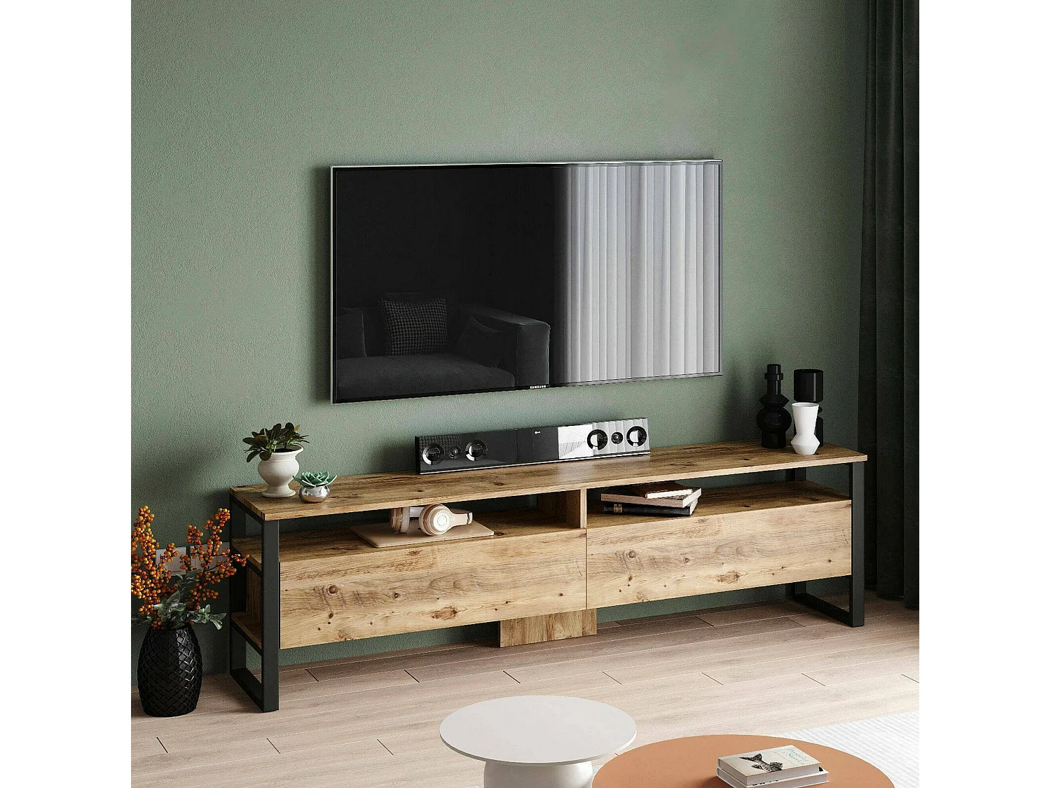 Meuble TV Thuban, Buffet de salon, Armoire basse pour TV, Base murale de rangement, 180x36h56 cm, Chêne