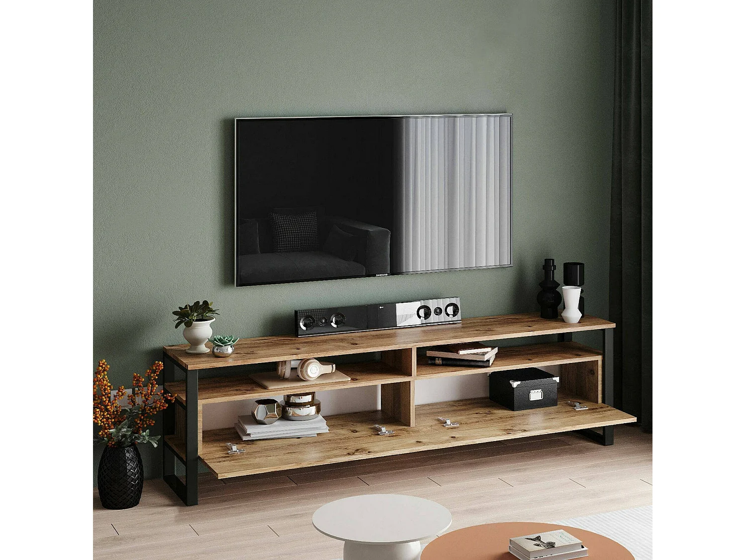 Mueble de televisión Dpirozz, Aparador de salón, Mueble bajo para TV, Base de pared equipada, 180x36h56 cm, Roble