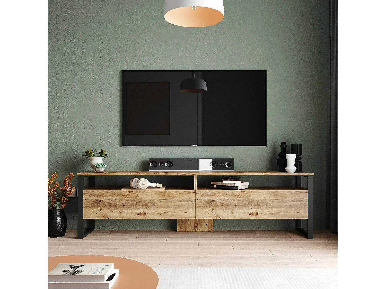 Fernsehschrank Dpirozz, Ständer für Wohnzimmerfernseher, Niedriges Wohnzimmer-Sideboard, TV-Ständerbasis, 180x36h56 cm, Eiche