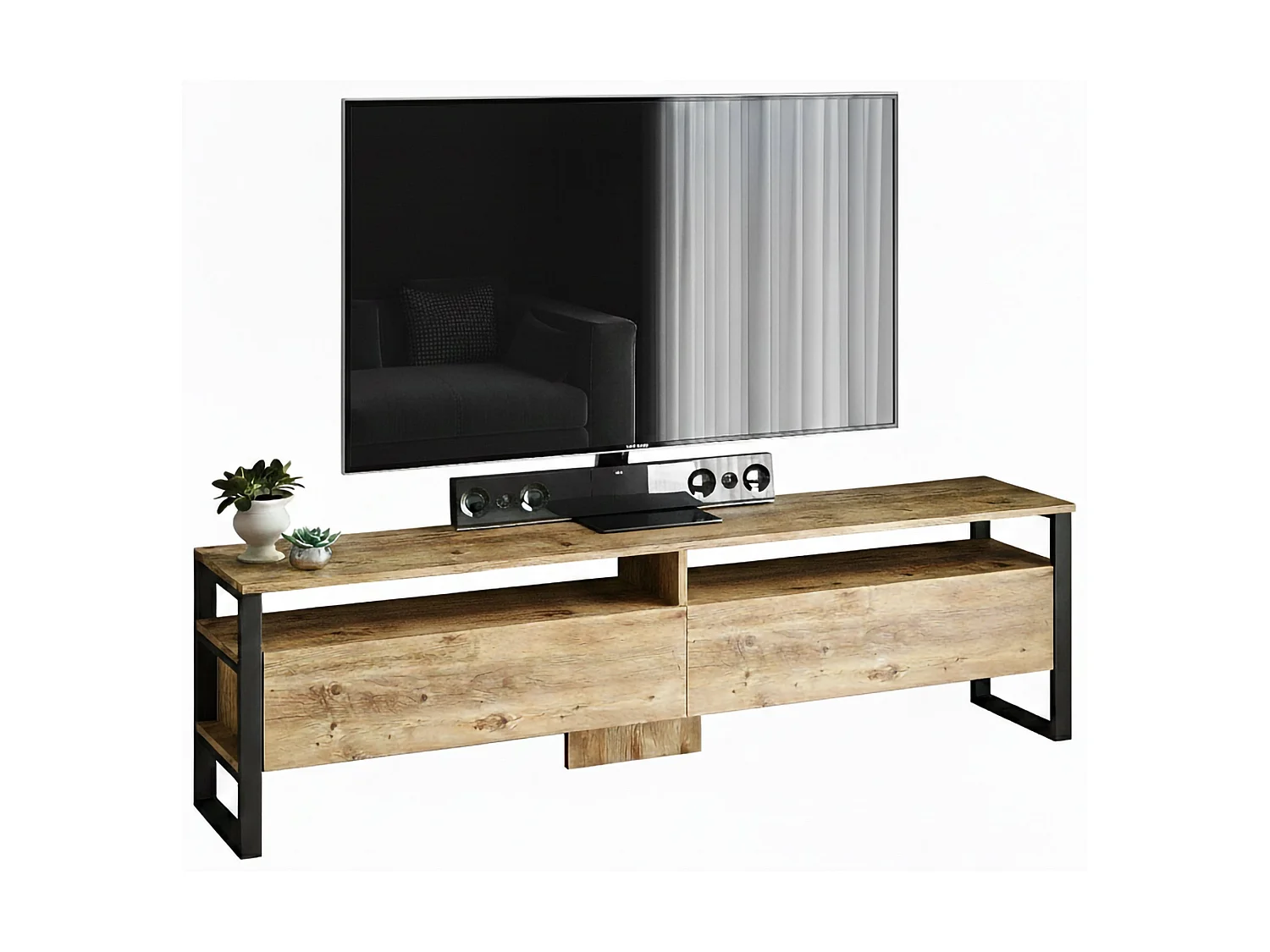 Meuble TV Thuban, Buffet de salon, Armoire basse pour TV, Base murale de rangement, 180x36h56 cm, Chêne