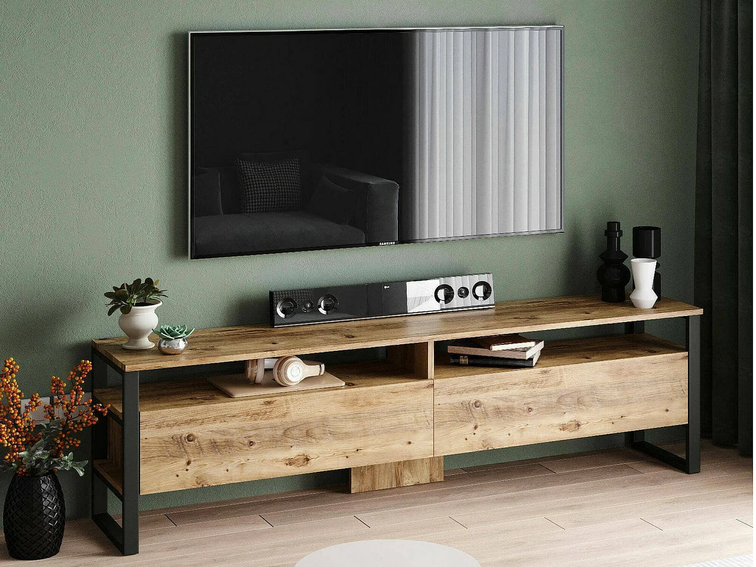 Meuble TV Thuban, Buffet de salon, Armoire basse pour TV, Base murale de rangement, 180x36h56 cm, Chêne