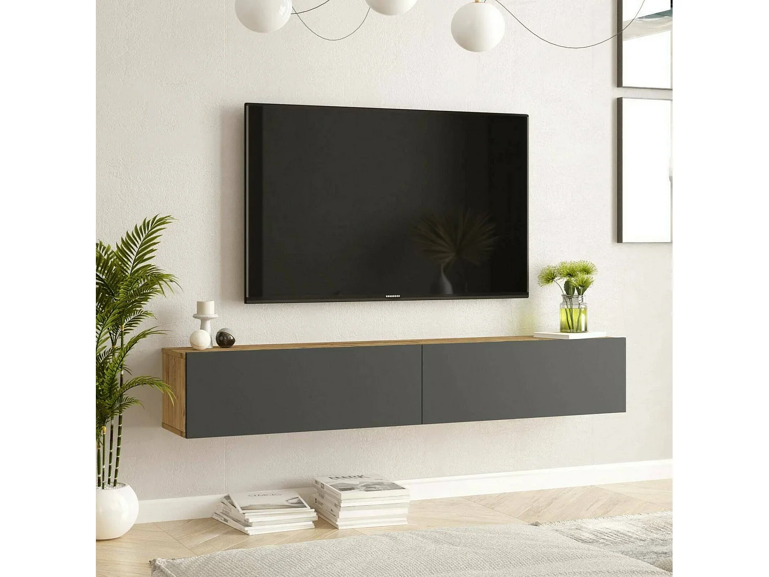 Po móvelRta TV Dpirche, Aparador de sala, Armário de TV baixo, Base de parede equipada, 180x32h30 cm, Carvalho e Antracite