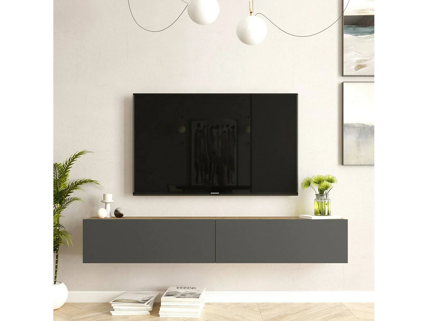 Meuble TV Thebe, Buffet de salon, Armoire basse pour TV, Base murale de rangement, 180x32h30 cm, Chêne et Anthracite