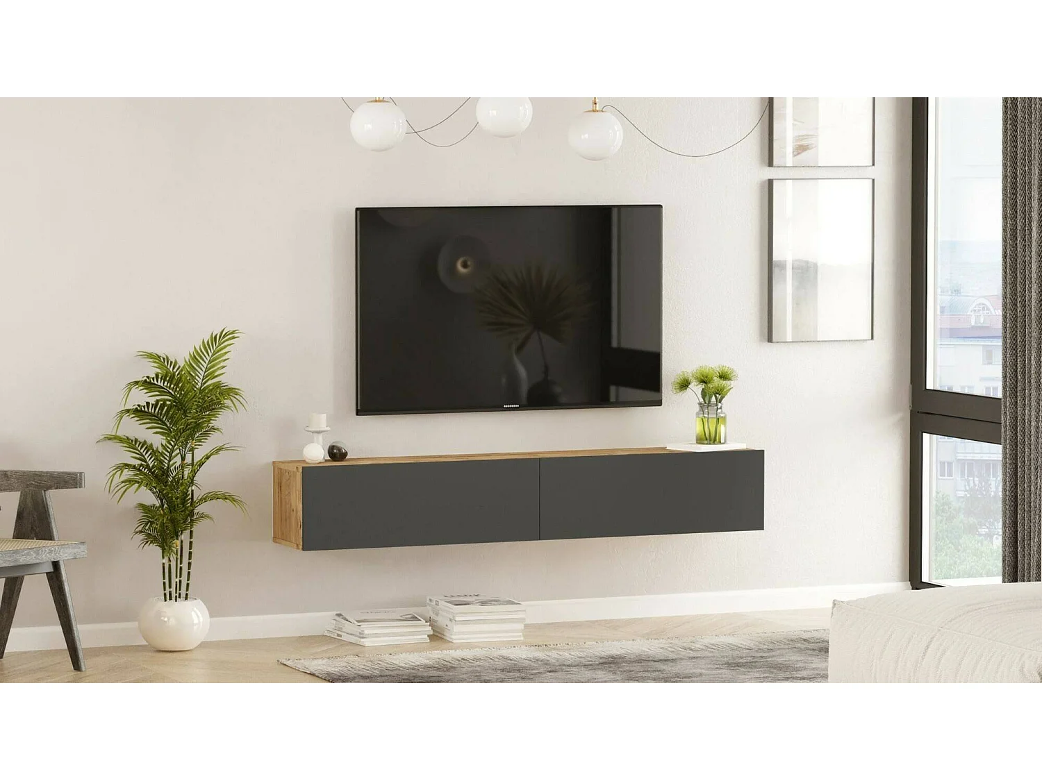 Meuble TV Thebe, Buffet de salon, Armoire basse pour TV, Base murale de rangement, 180x32h30 cm, Chêne et Anthracite